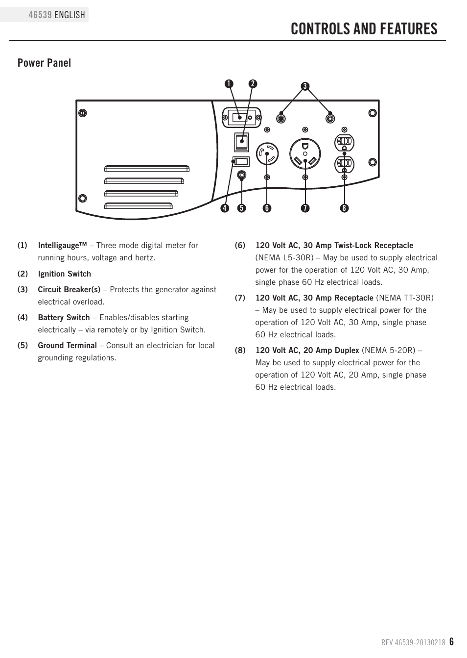 Controls and features, Power panel | Champion Power Equipment 46539 User Manual | Page 9 / 32