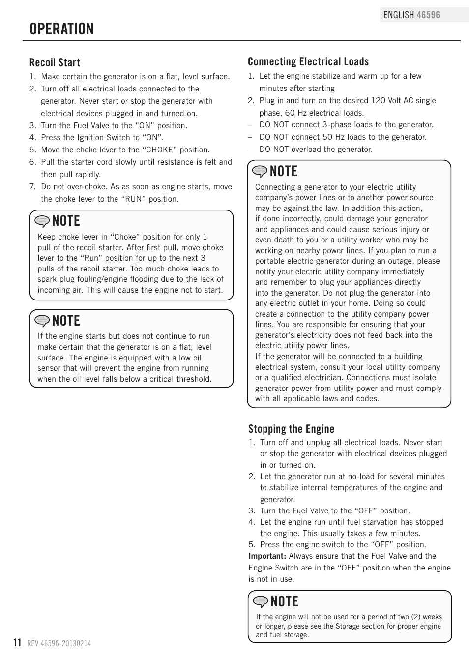 Operation, Connecting electrical loads, Recoil start | Stopping the engine | Champion Power Equipment 46596 User Manual | Page 14 / 29