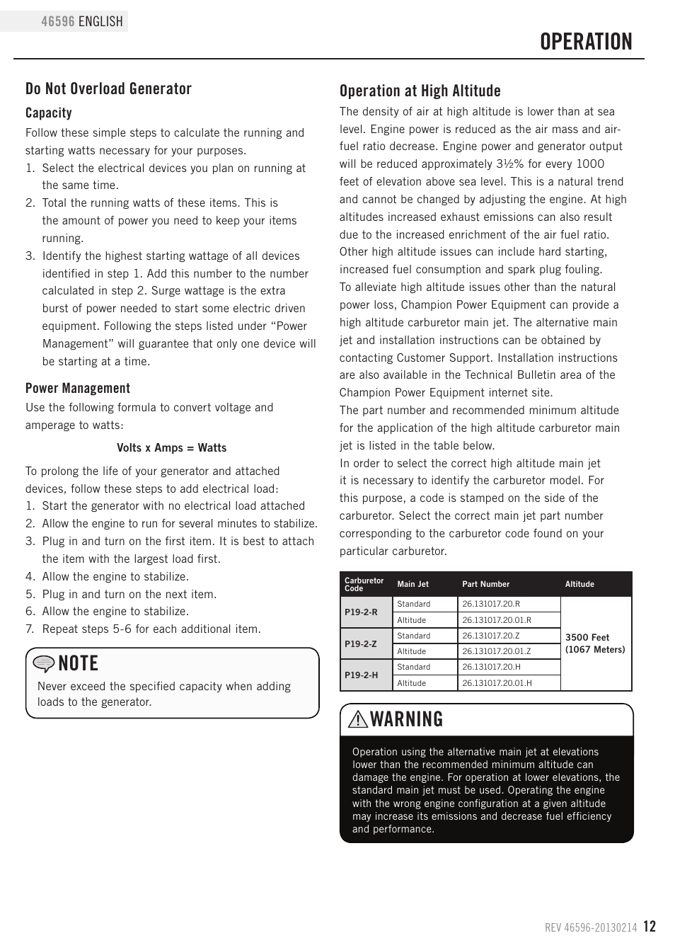 Operation, Warning, Do not overload generator | Operation at high altitude, Capacity, Power management | Champion Power Equipment 46596 User Manual | Page 15 / 29