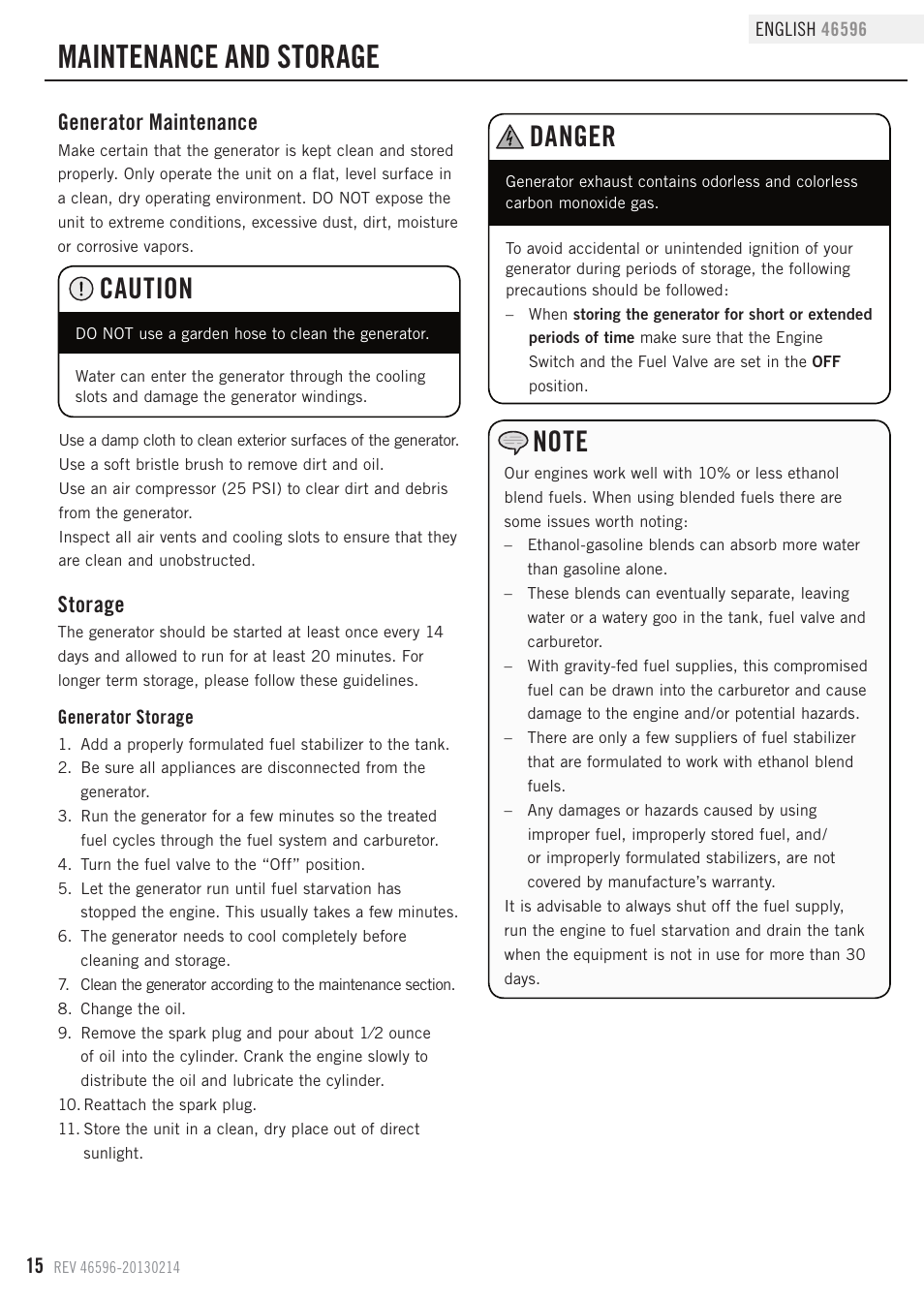 Maintenance and storage, Caution, Danger | Generator maintenance, Storage | Champion Power Equipment 46596 User Manual | Page 18 / 29