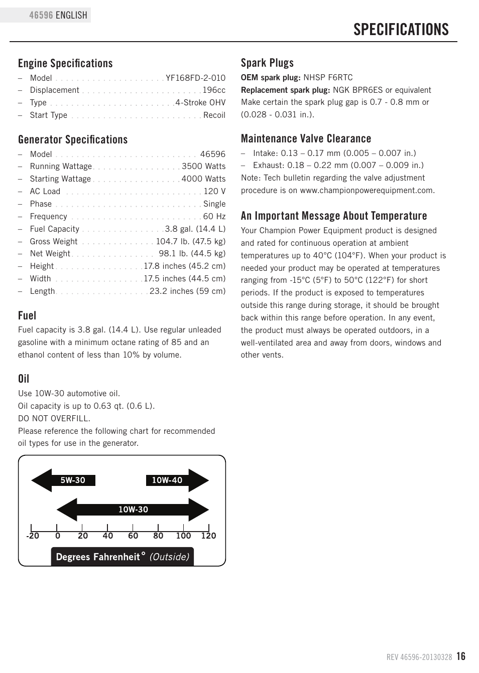 Specifications, Engine specifications, Fuel | Generator specifications, Maintenance valve clearance, Spark plugs, An important message about temperature | Champion Power Equipment 46596 User Manual | Page 19 / 29