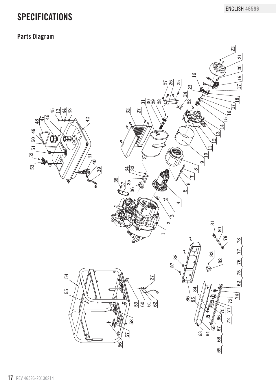 Specifications, Parts diagram | Champion Power Equipment 46596 User Manual | Page 20 / 29