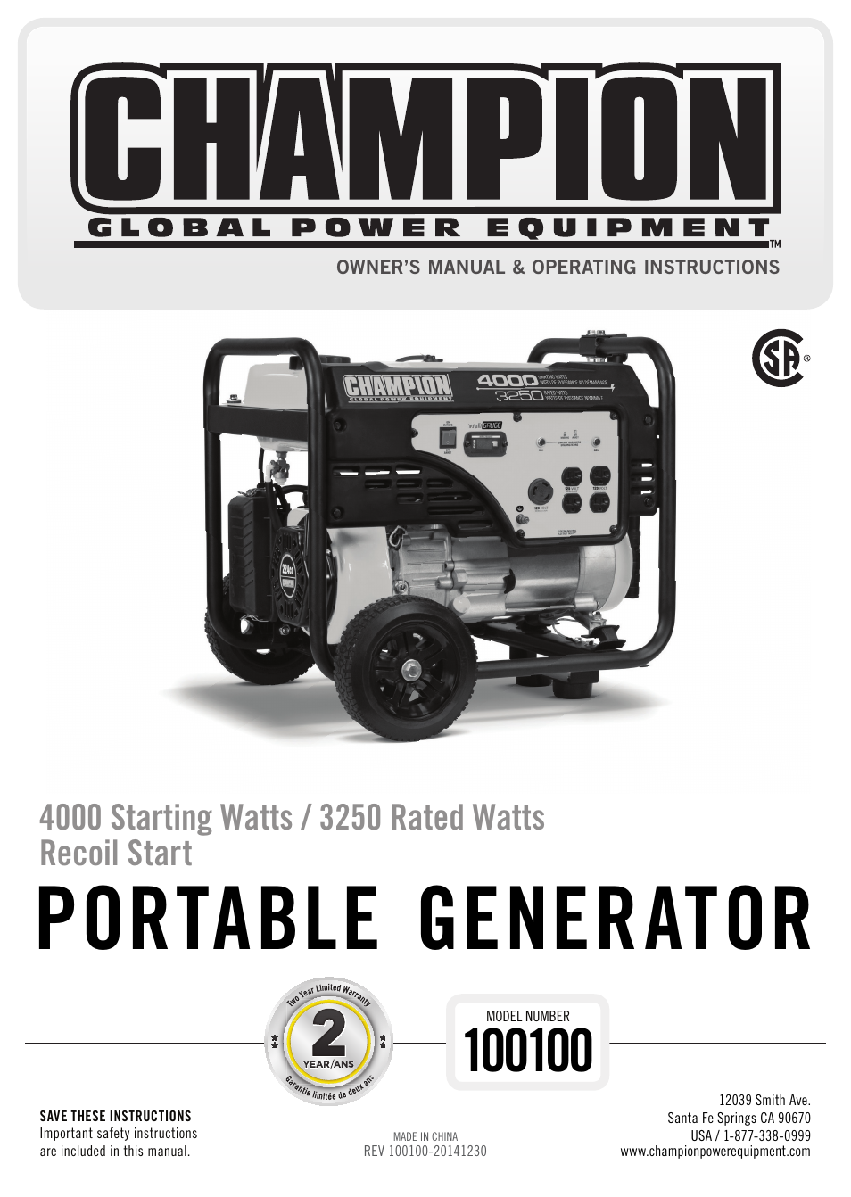 Champion Power Equipment 100100 User Manual | 30 pages