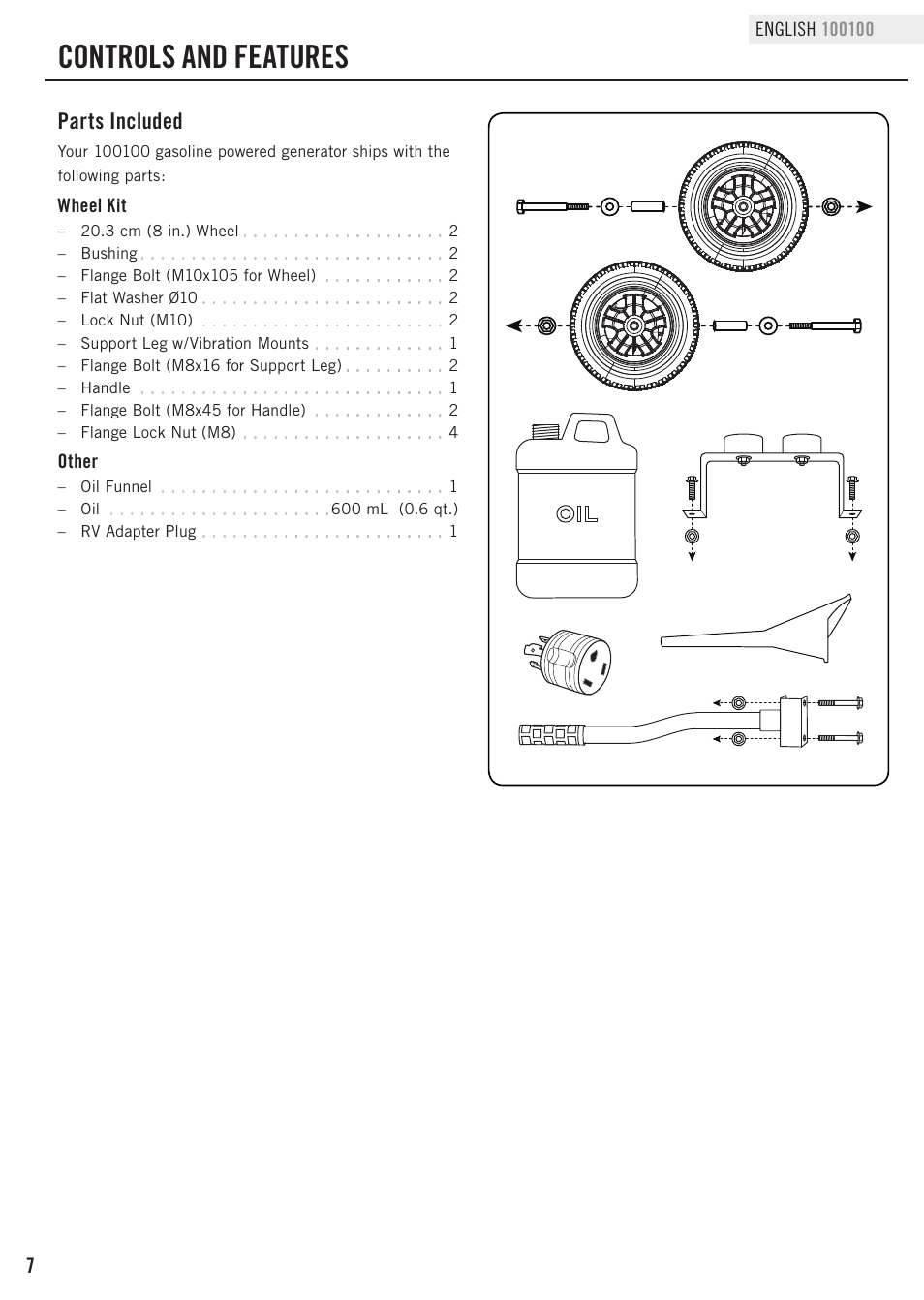 Controls and features, Parts included | Champion Power Equipment 100100 User Manual | Page 10 / 30