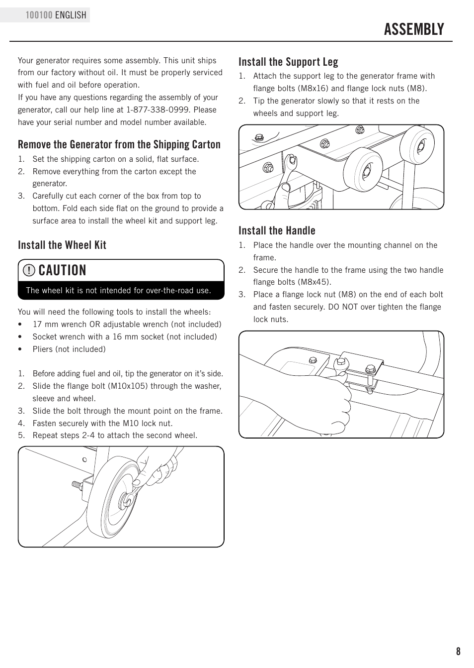 Assembly, Caution, Remove the generator from the shipping carton | Install the wheel kit, Install the support leg, Install the handle | Champion Power Equipment 100100 User Manual | Page 11 / 30