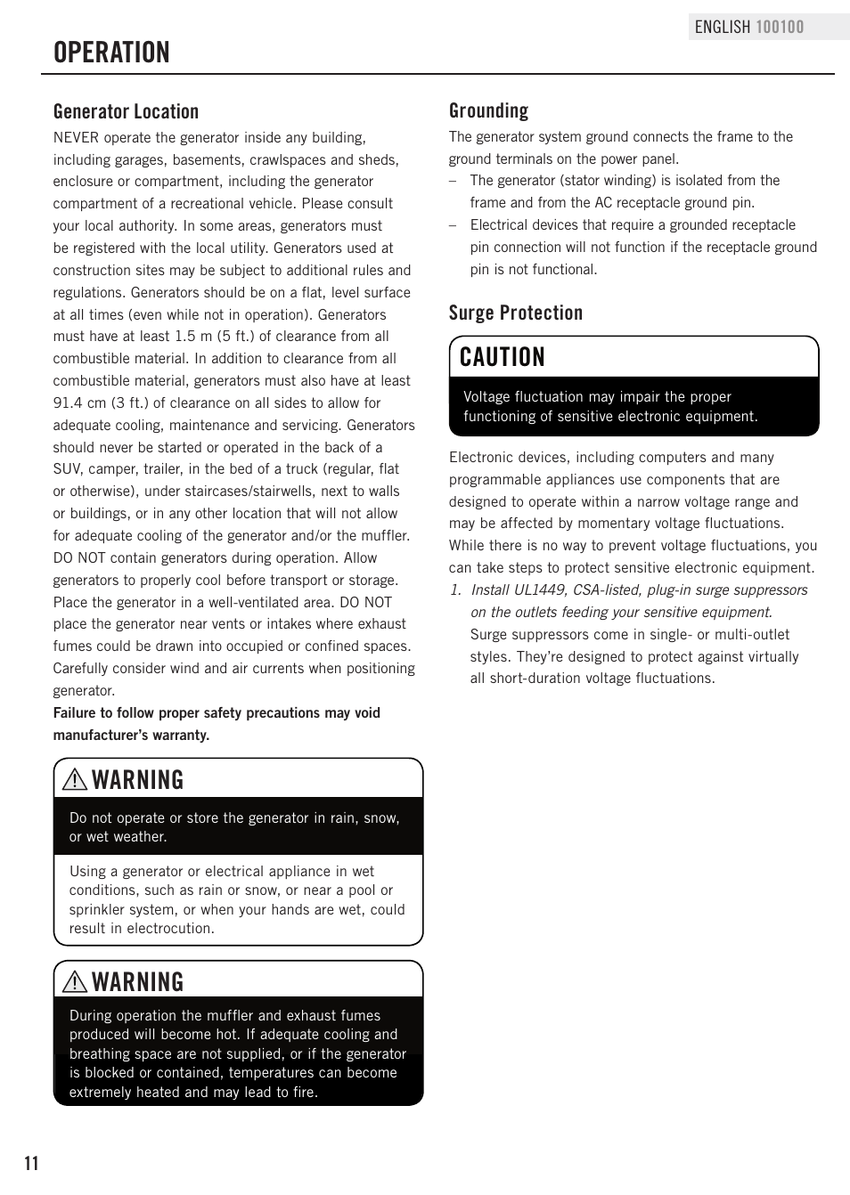 Operation, Warning, Caution | Champion Power Equipment 100100 User Manual | Page 14 / 30