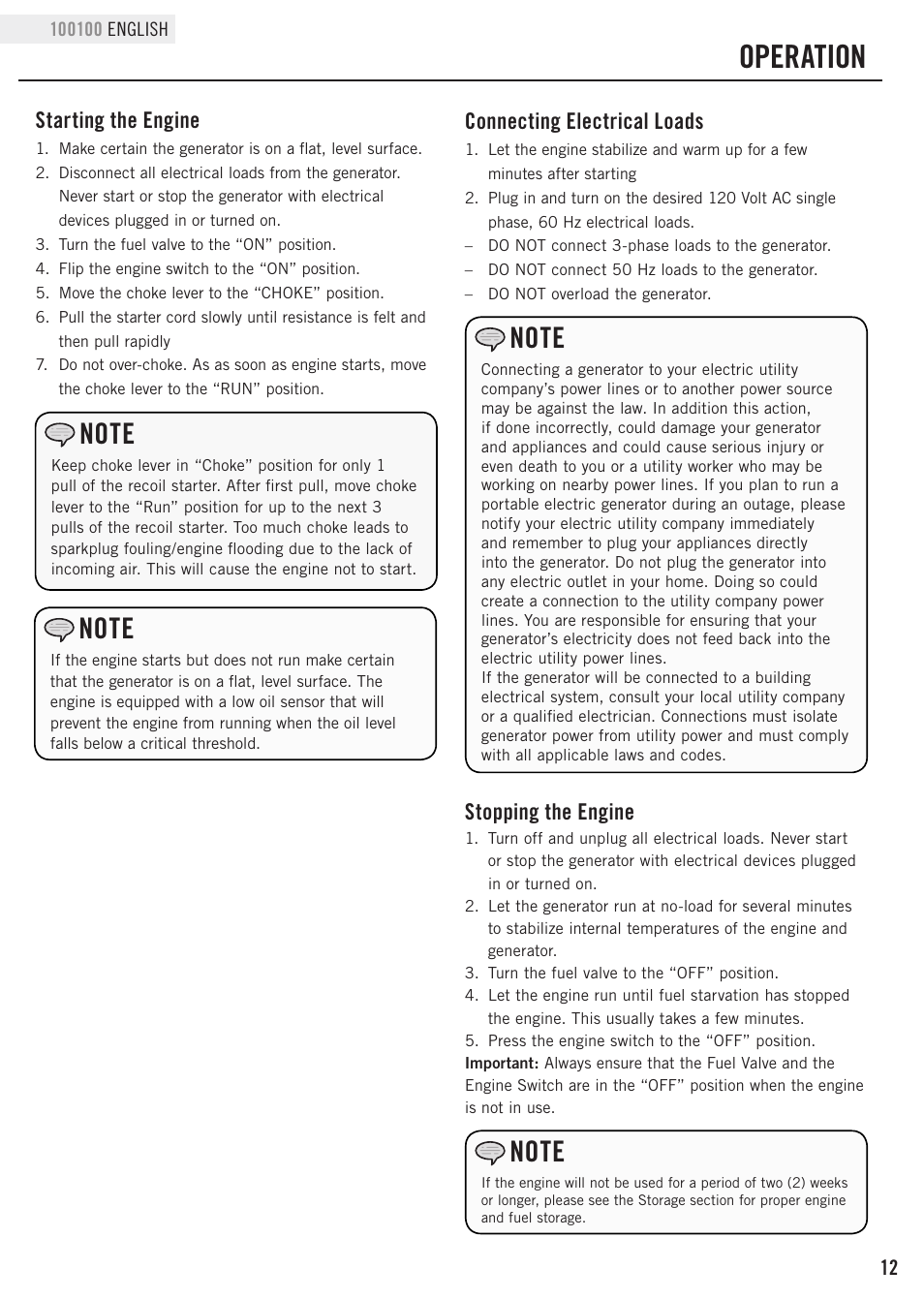 Operation, Connecting electrical loads, Stopping the engine | Starting the engine | Champion Power Equipment 100100 User Manual | Page 15 / 30