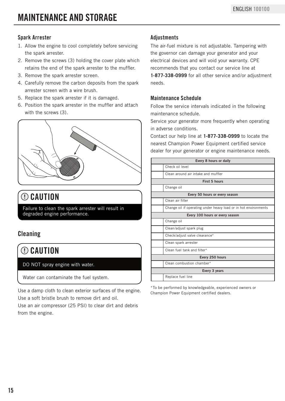 Maintenance and storage, Caution, Cleaning | Champion Power Equipment 100100 User Manual | Page 18 / 30