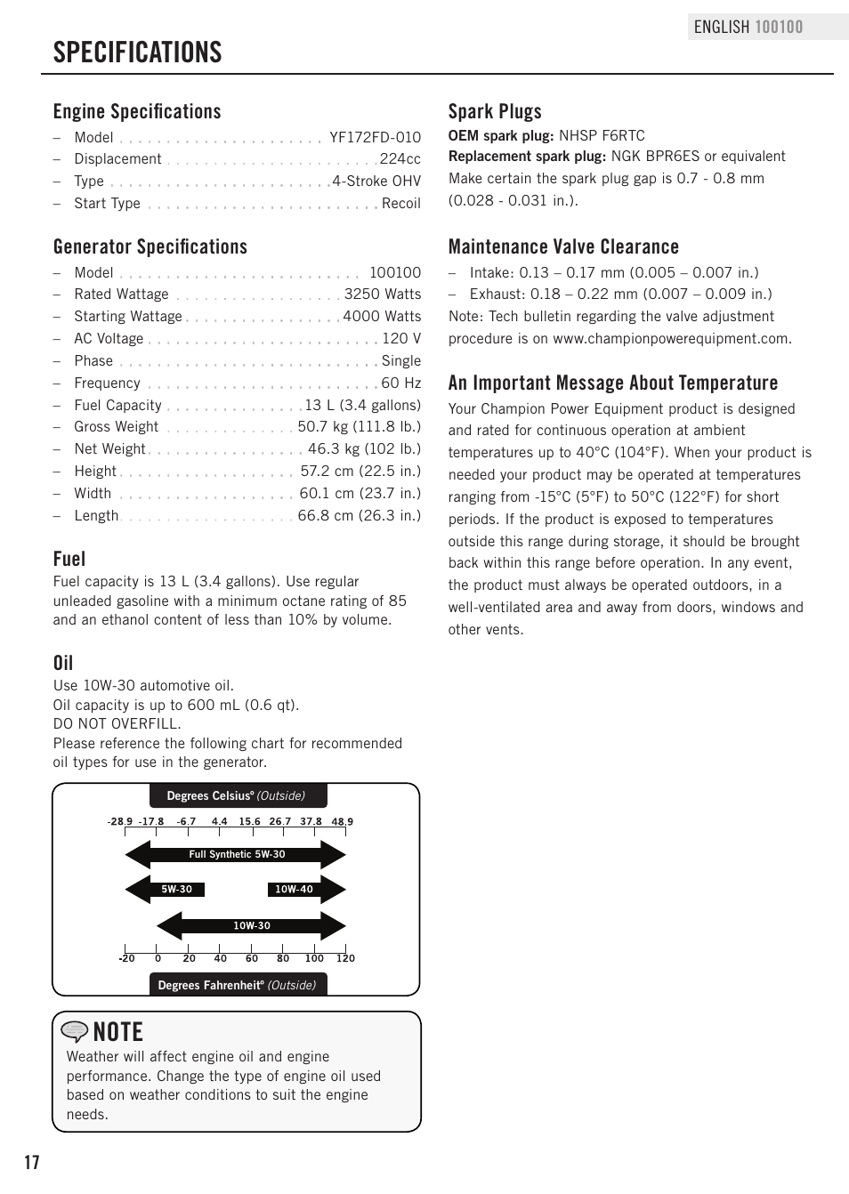 Specifications, Fuel, Generator specifications | Engine specifications, Maintenance valve clearance, Spark plugs, An important message about temperature | Champion Power Equipment 100100 User Manual | Page 20 / 30