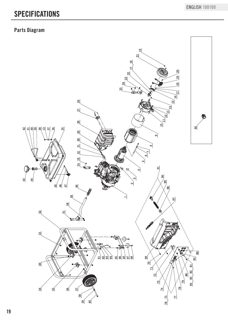 Specifications, Parts diagram | Champion Power Equipment 100100 User Manual | Page 22 / 30