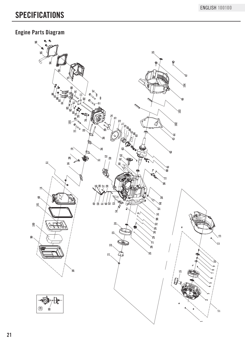 Specifications, Engine parts diagram | Champion Power Equipment 100100 User Manual | Page 24 / 30