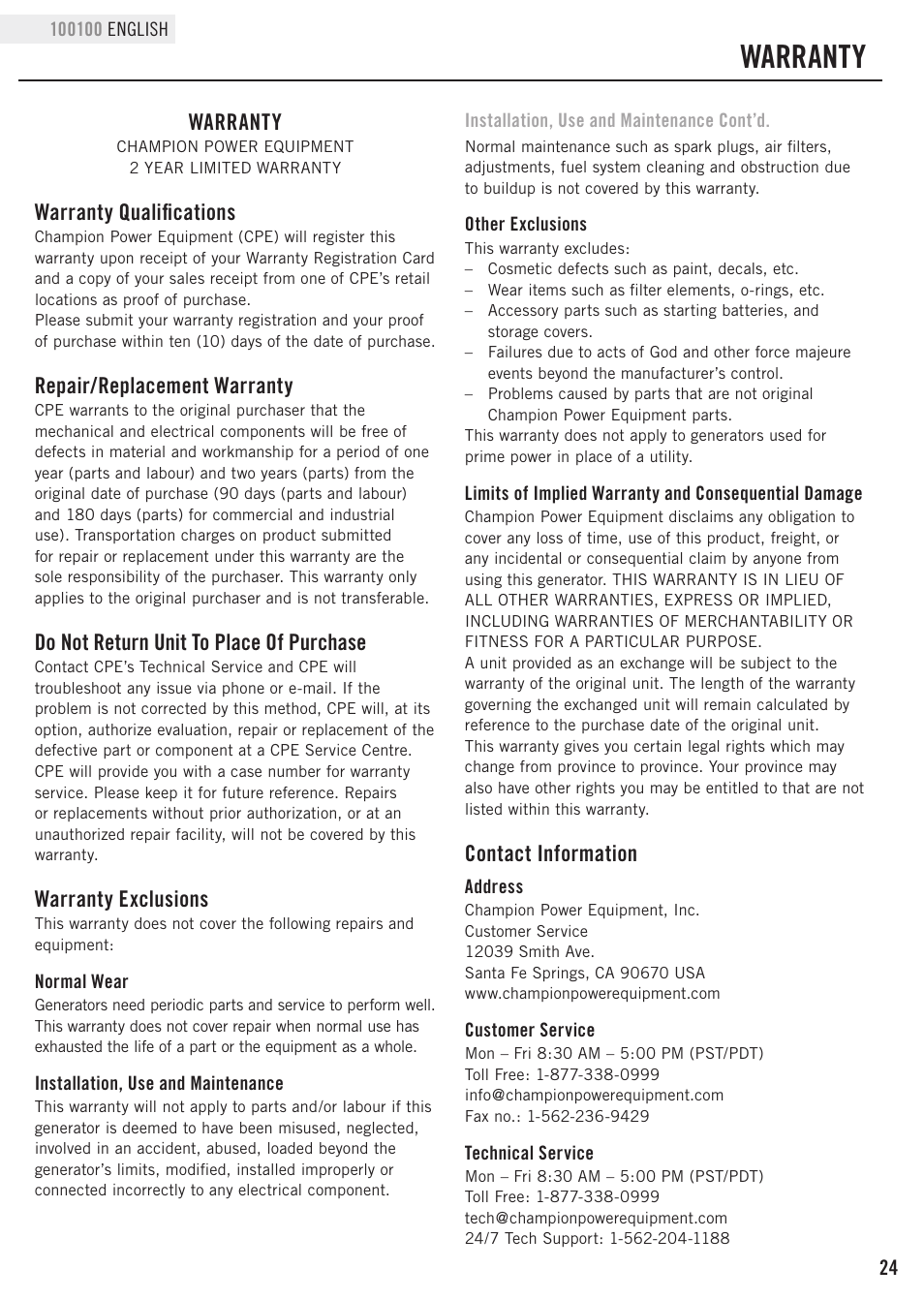 Warranty, Warranty qualifications, Repair/replacement warranty | Do not return unit to place of purchase, Warranty exclusions, Contact information | Champion Power Equipment 100100 User Manual | Page 27 / 30