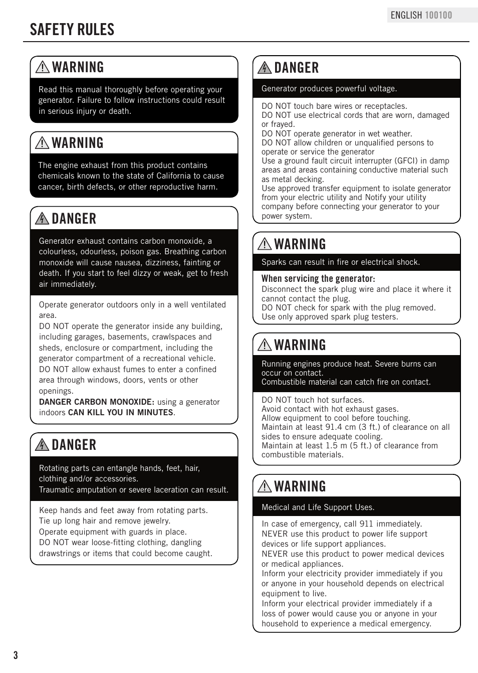 Safety rules, Danger, Warning | Champion Power Equipment 100100 User Manual | Page 6 / 30