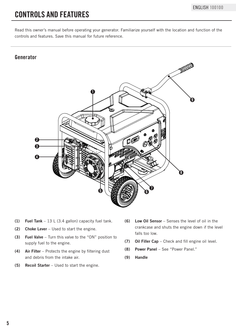 Controls and features, Generator | Champion Power Equipment 100100 User Manual | Page 8 / 30