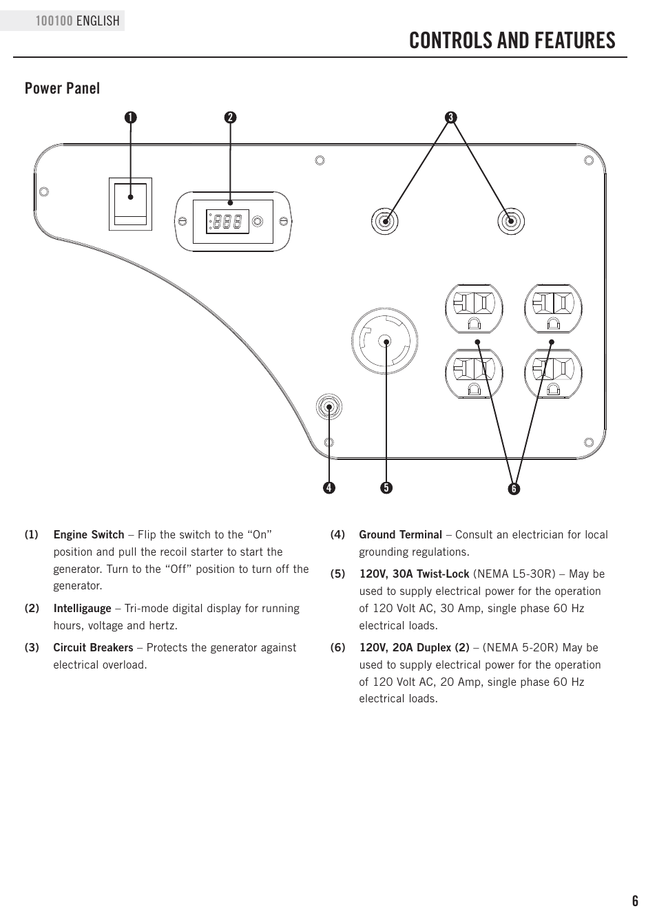 Controls and features, Power panel | Champion Power Equipment 100100 User Manual | Page 9 / 30