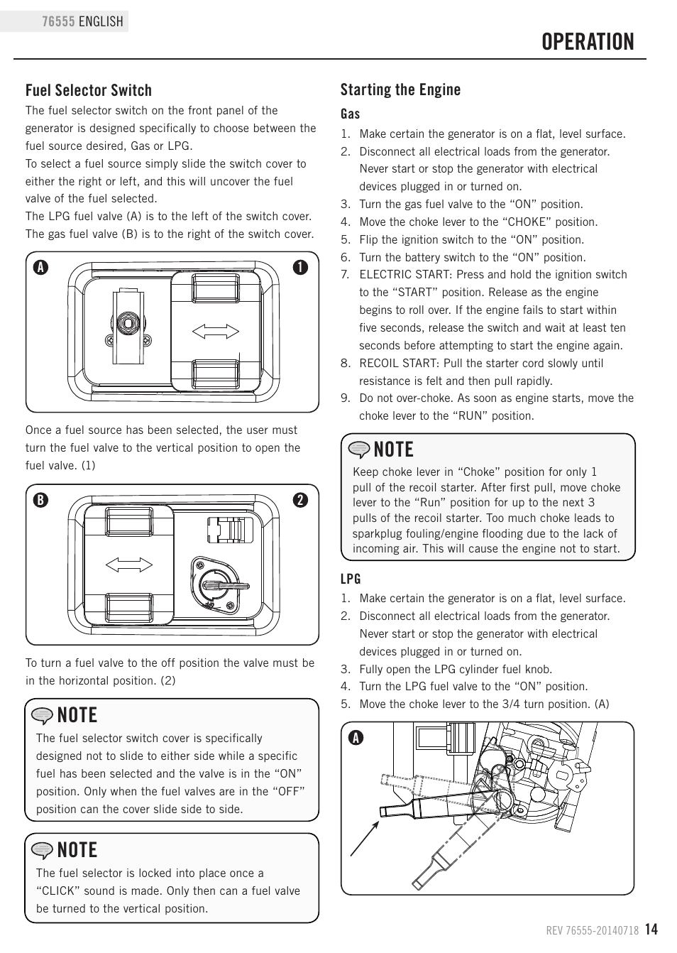 Operation, Fuel selector switch, Starting the engine | Champion Power Equipment 76555 User Manual | Page 17 / 30