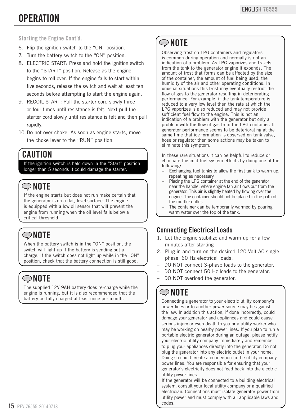 Operation, Connecting electrical loads | Champion Power Equipment 76555 User Manual | Page 18 / 30