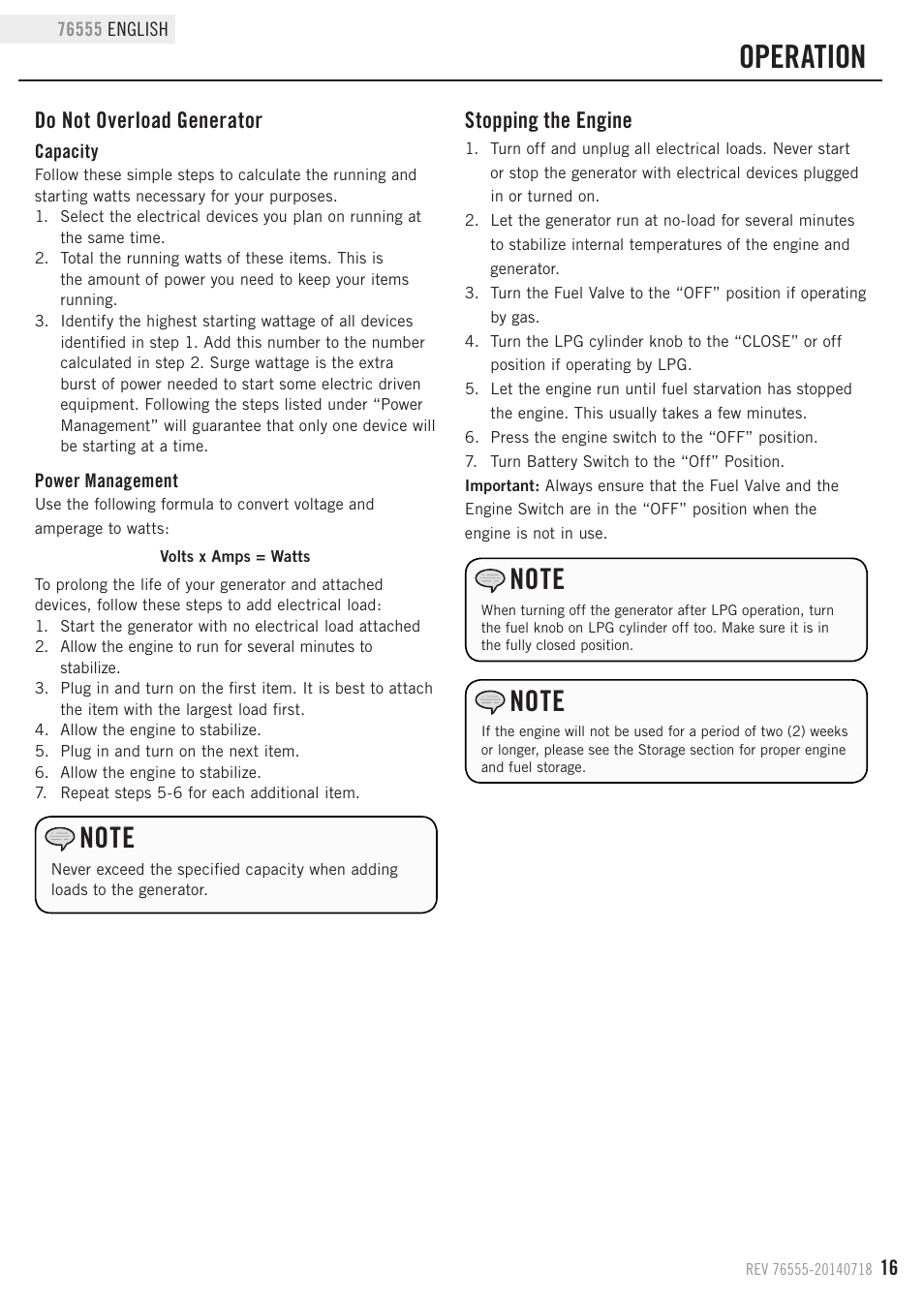 Operation, Stopping the engine, Do not overload generator | Champion Power Equipment 76555 User Manual | Page 19 / 30