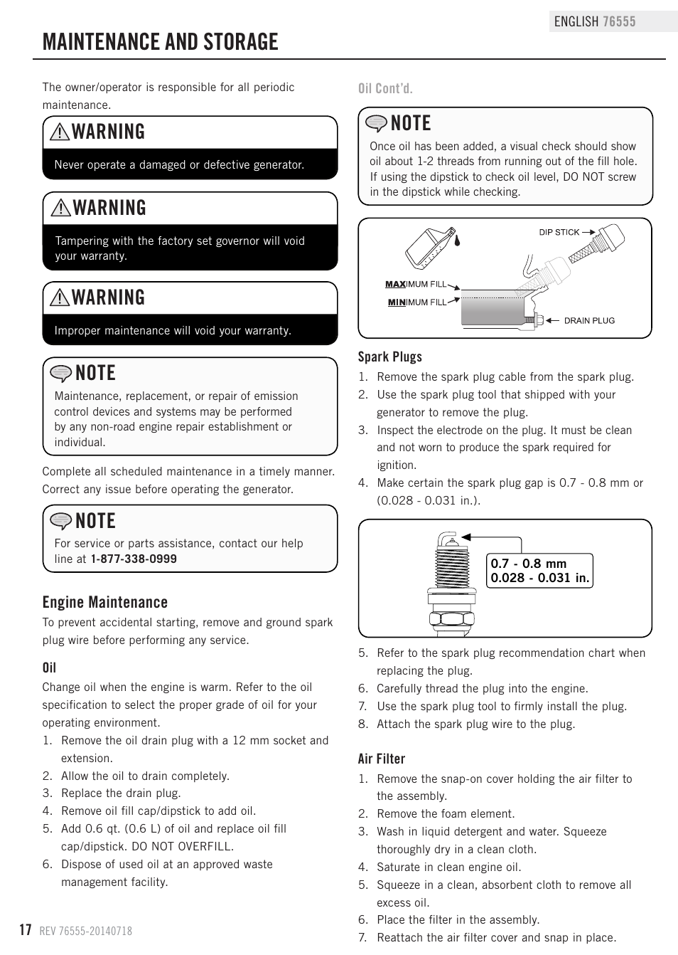 Maintenance and storage, Warning, Engine maintenance | Champion Power Equipment 76555 User Manual | Page 20 / 30