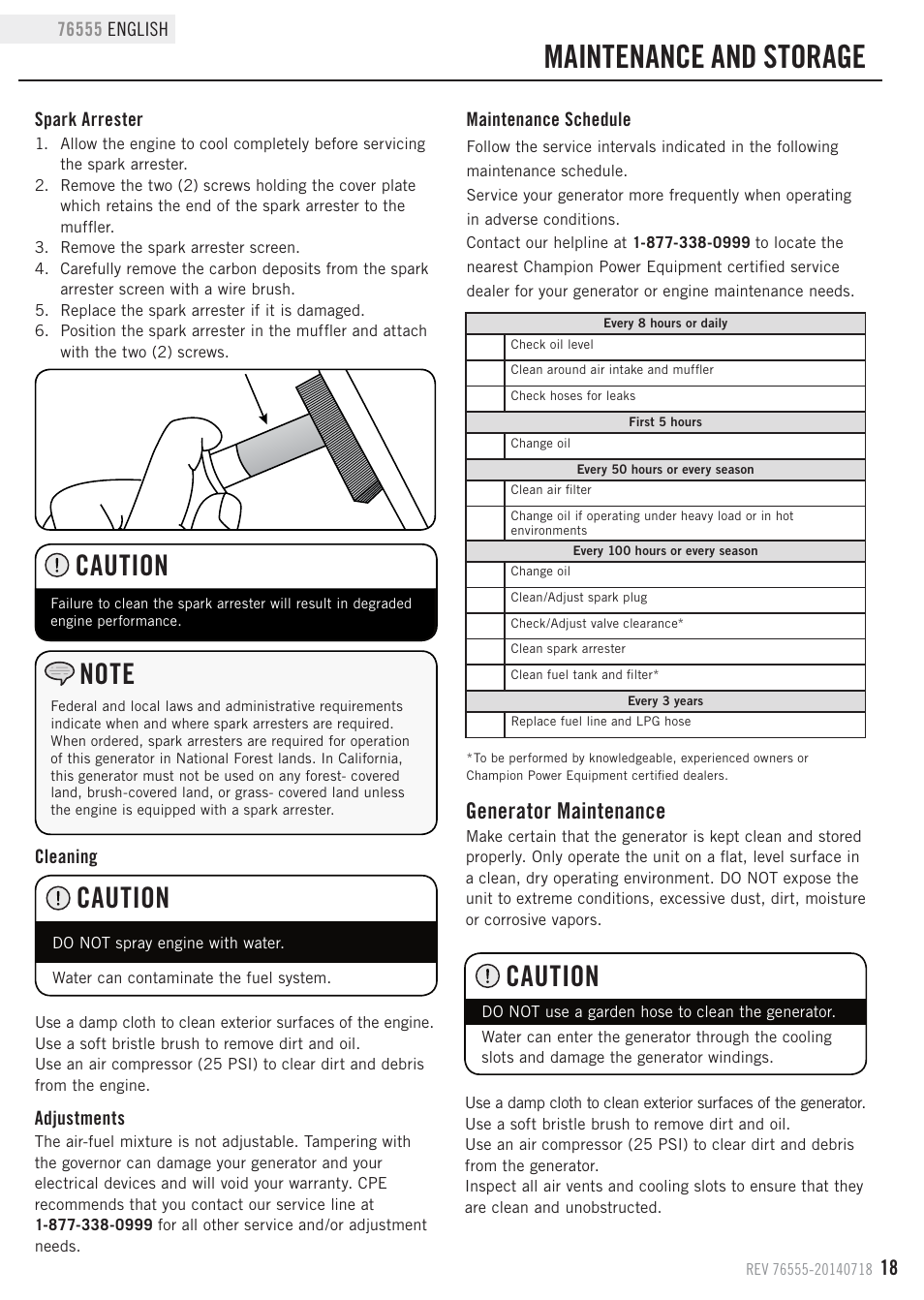 Maintenance and storage, Caution, Generator maintenance | Champion Power Equipment 76555 User Manual | Page 21 / 30