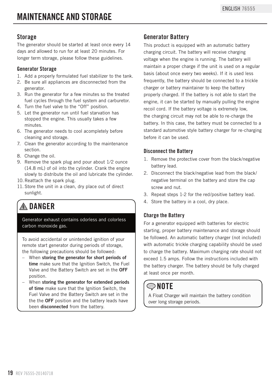 Maintenance and storage, Danger, Storage | Generator battery | Champion Power Equipment 76555 User Manual | Page 22 / 30