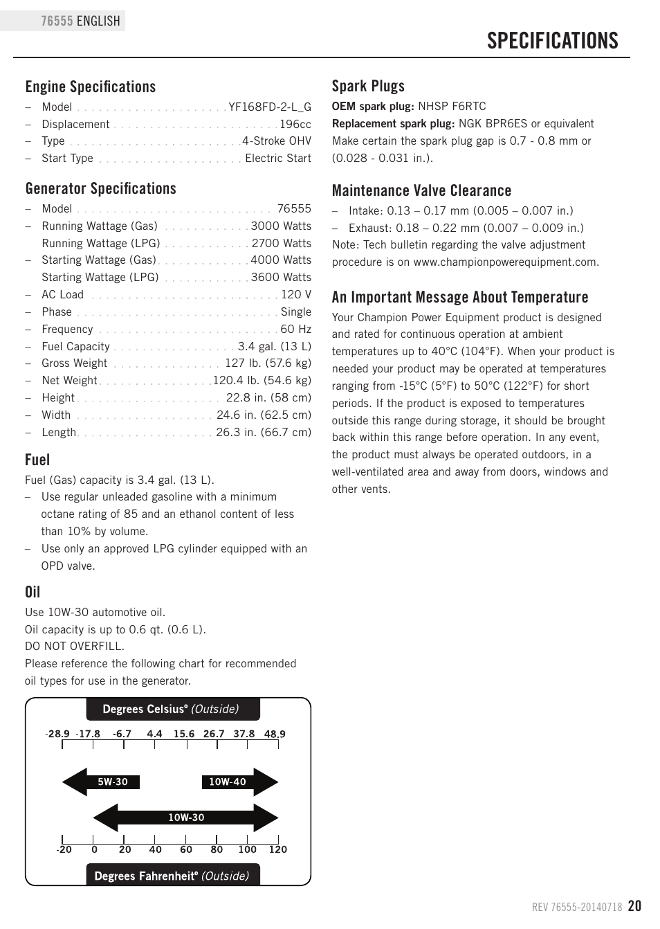 Specifications, Fuel, Engine specifications | Generator specifications, Maintenance valve clearance, Spark plugs, An important message about temperature | Champion Power Equipment 76555 User Manual | Page 23 / 30