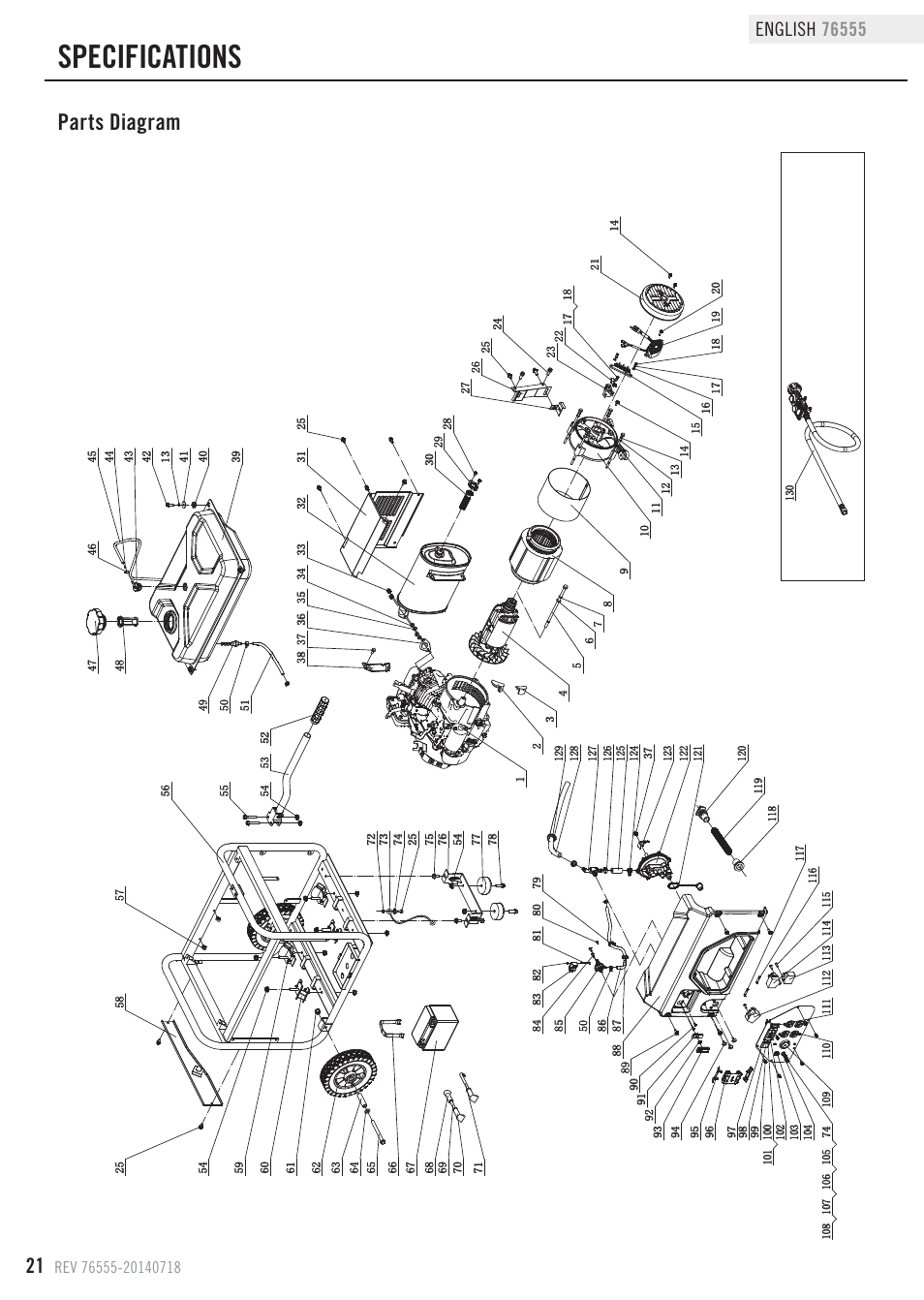 Untitled, Specifications, Parts diagram | Champion Power Equipment 76555 User Manual | Page 24 / 30