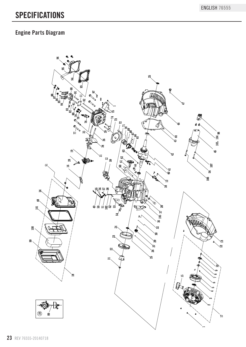 Specifications, Engine parts diagram | Champion Power Equipment 76555 User Manual | Page 26 / 30