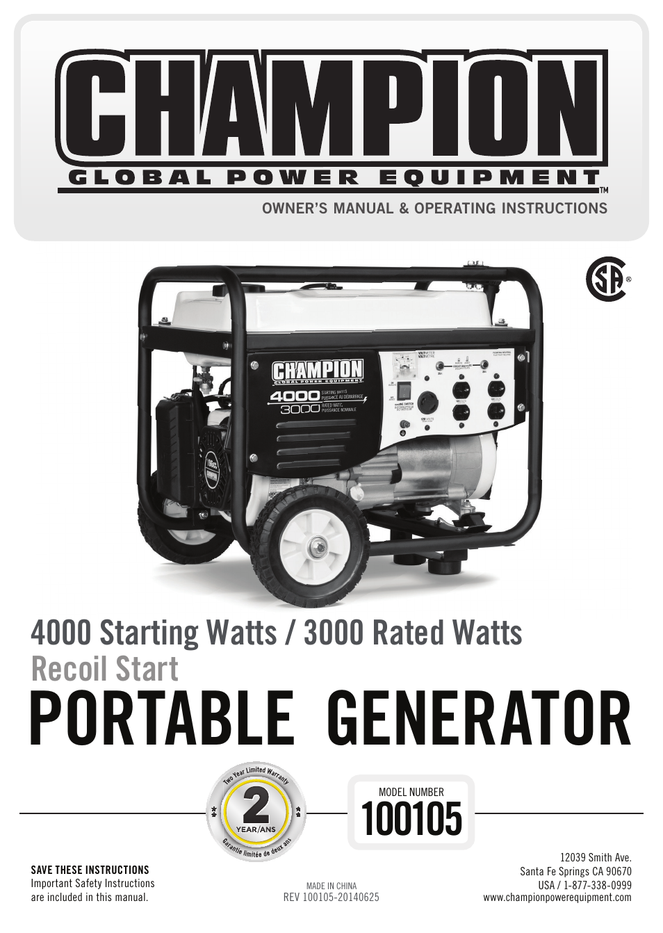 Champion Power Equipment 100105 User Manual | 30 pages