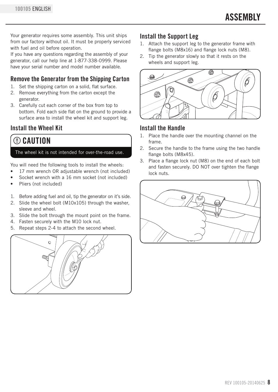 Assembly, Caution, Remove the generator from the shipping carton | Install the wheel kit, Install the support leg, Install the handle | Champion Power Equipment 100105 User Manual | Page 11 / 30