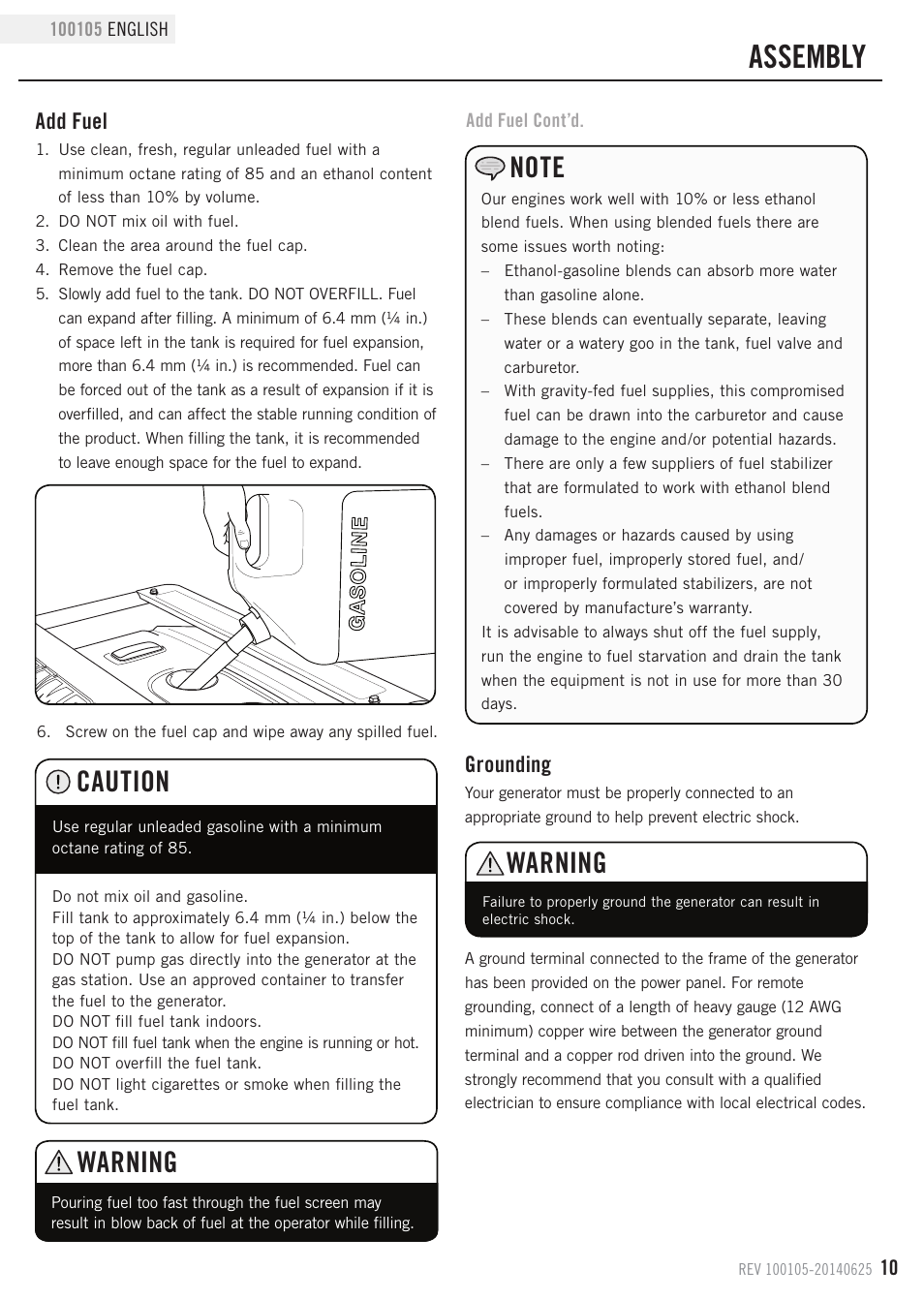 Assembly, Warning, Caution | Grounding, Add fuel | Champion Power Equipment 100105 User Manual | Page 13 / 30