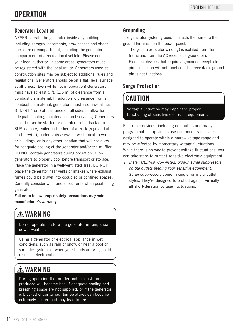 Operation, Warning, Caution | Generator location, Surge protection, Grounding | Champion Power Equipment 100105 User Manual | Page 14 / 30