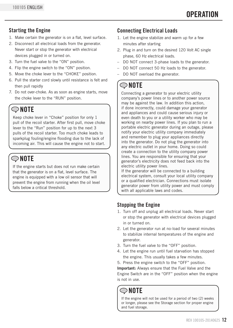 Operation, Connecting electrical loads, Stopping the engine | Starting the engine | Champion Power Equipment 100105 User Manual | Page 15 / 30