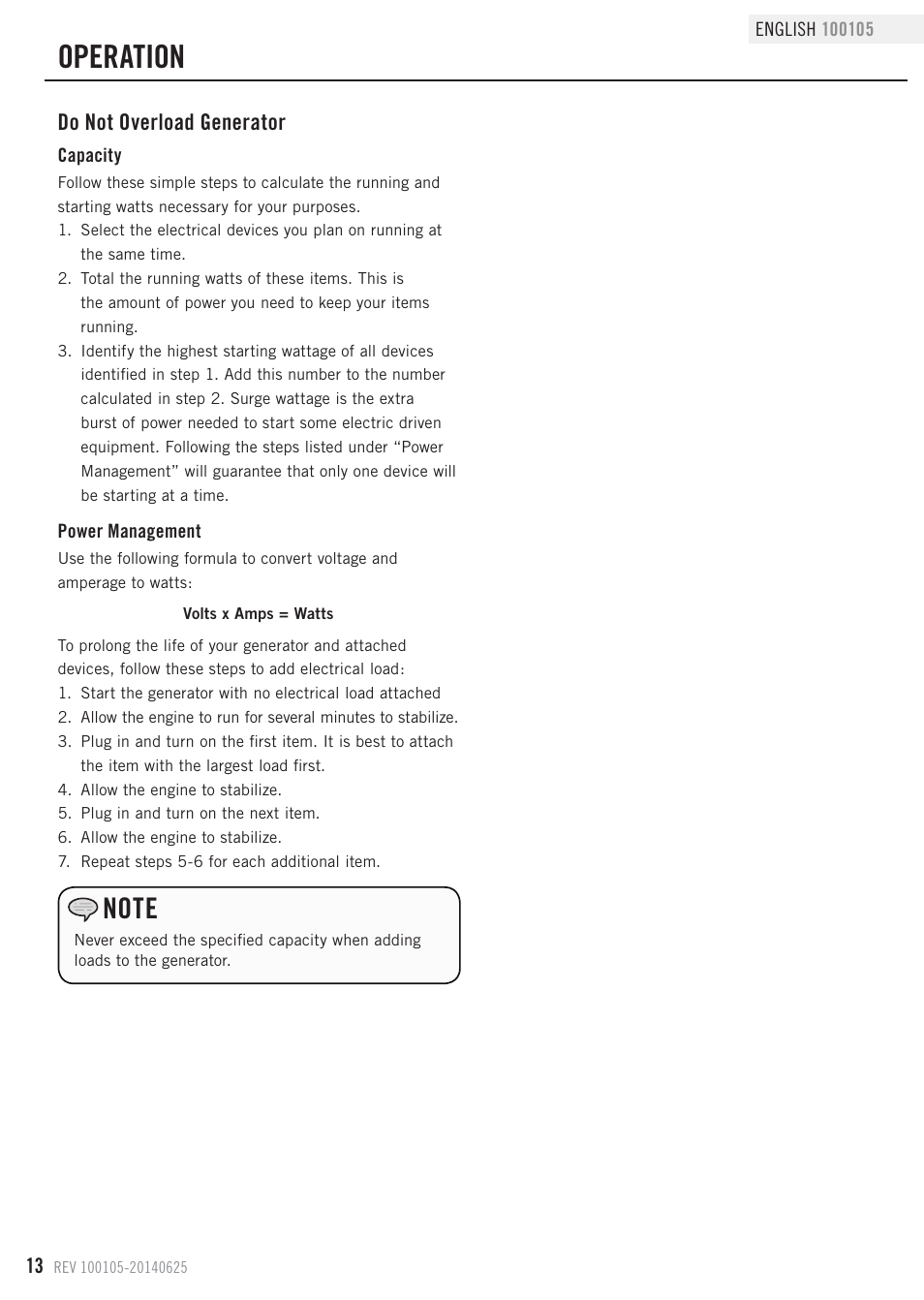 Operation, Do not overload generator | Champion Power Equipment 100105 User Manual | Page 16 / 30