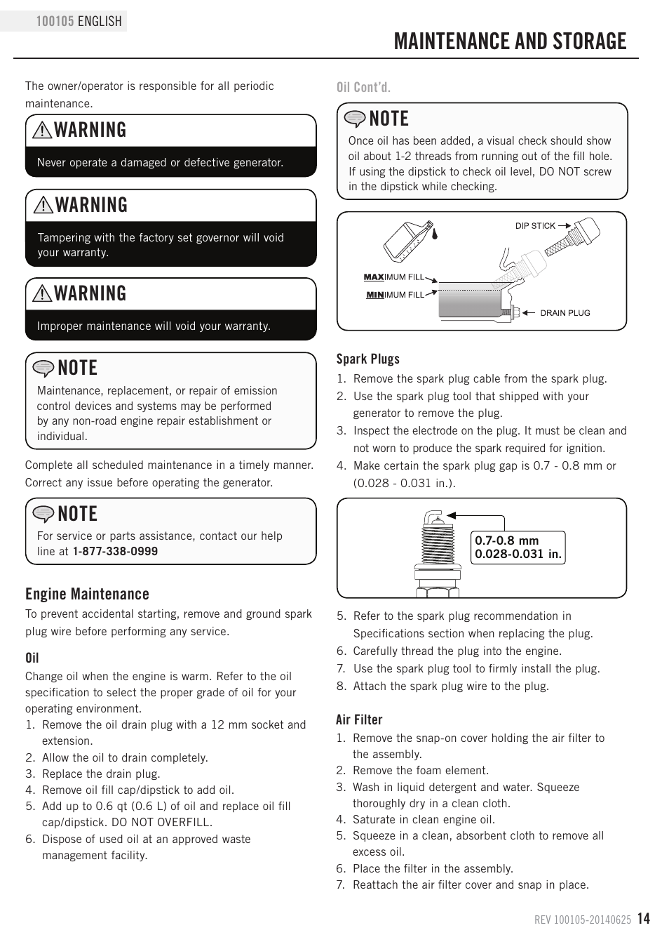 Maintenance and storage, Warning, Engine maintenance | Champion Power Equipment 100105 User Manual | Page 17 / 30