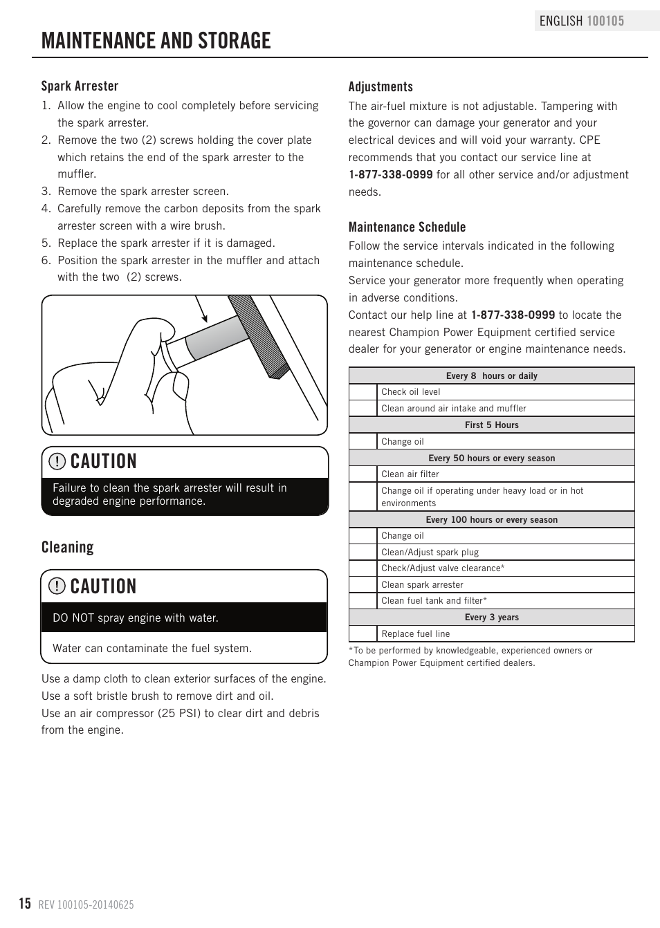 Maintenance and storage, Caution, Cleaning | Champion Power Equipment 100105 User Manual | Page 18 / 30