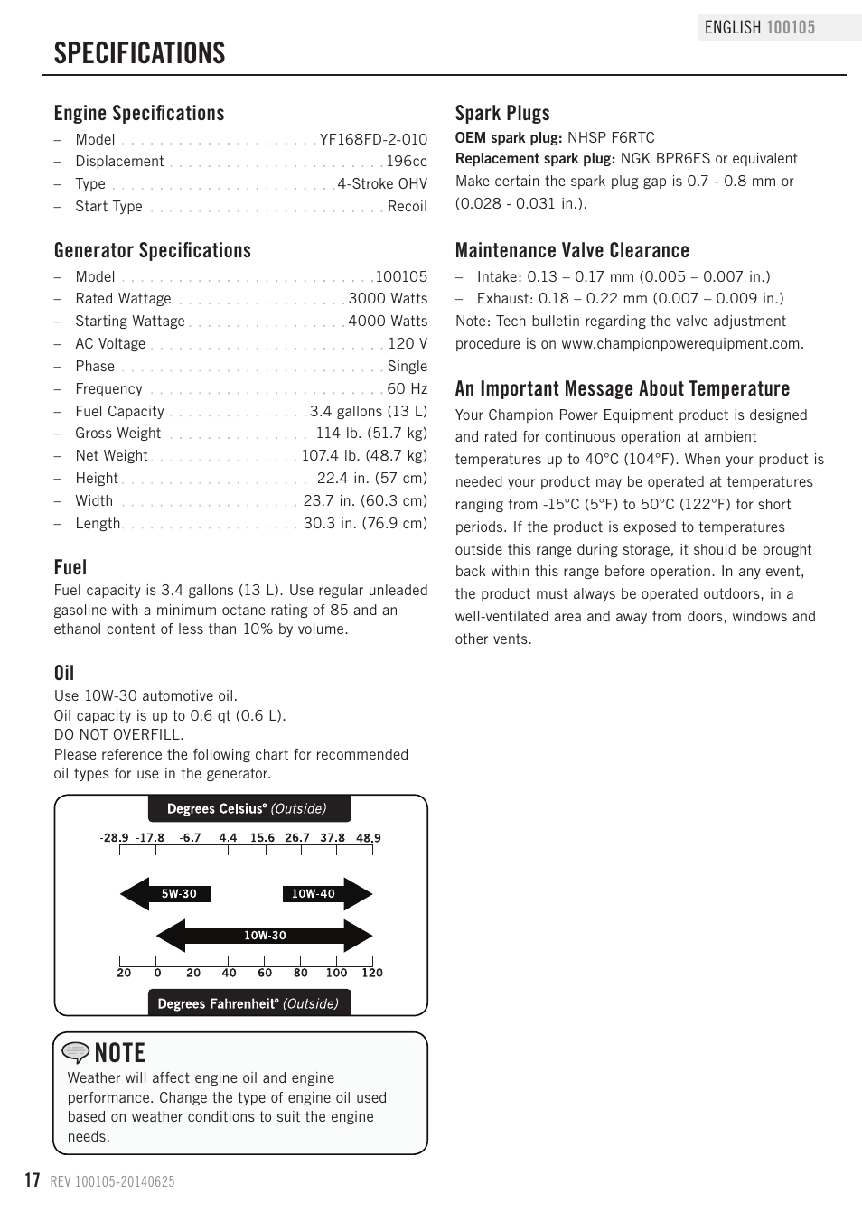 Specifications, Fuel, Generator specifications | Engine specifications, Maintenance valve clearance, Spark plugs, An important message about temperature | Champion Power Equipment 100105 User Manual | Page 20 / 30