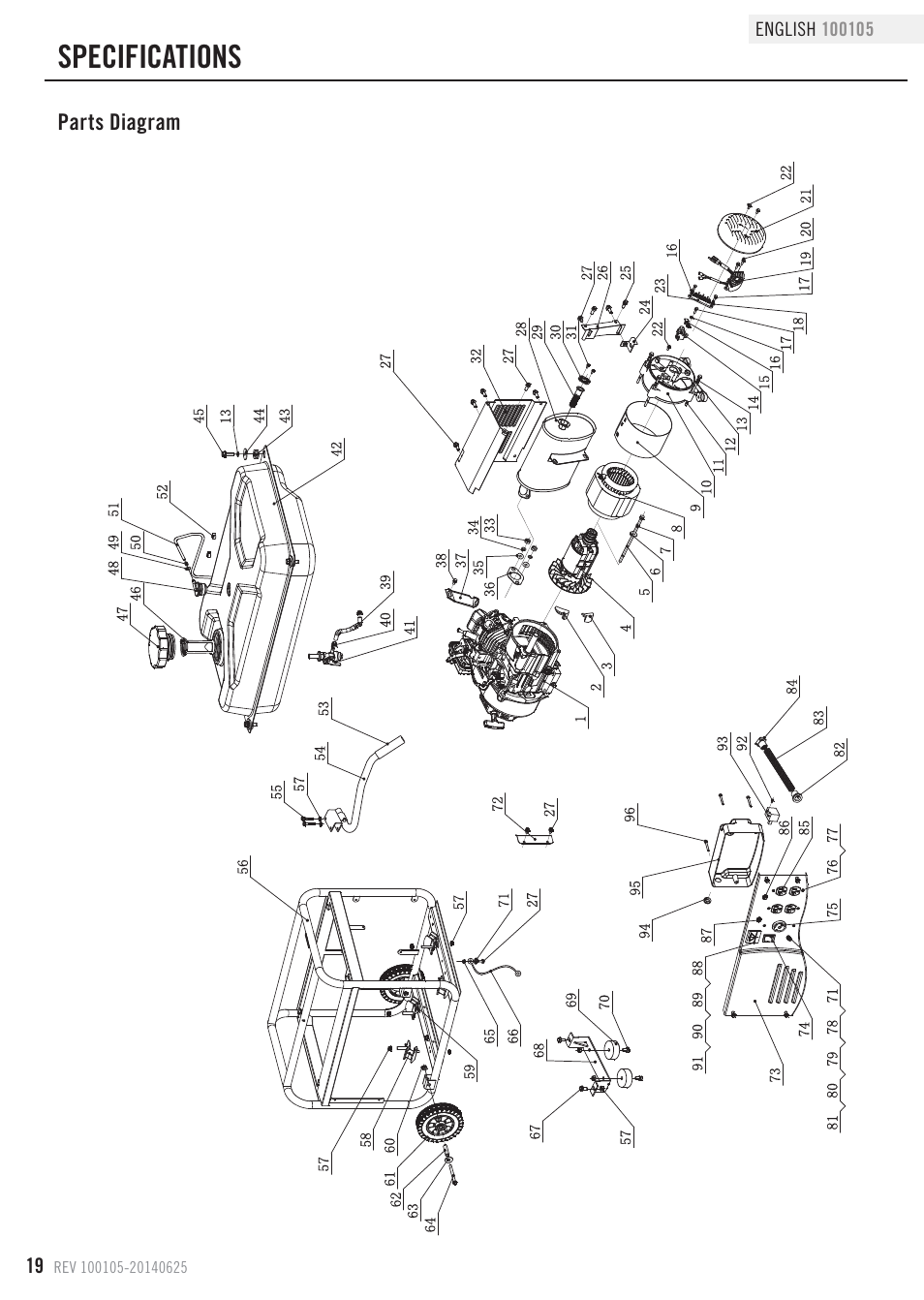 Specifications, Parts diagram | Champion Power Equipment 100105 User Manual | Page 22 / 30