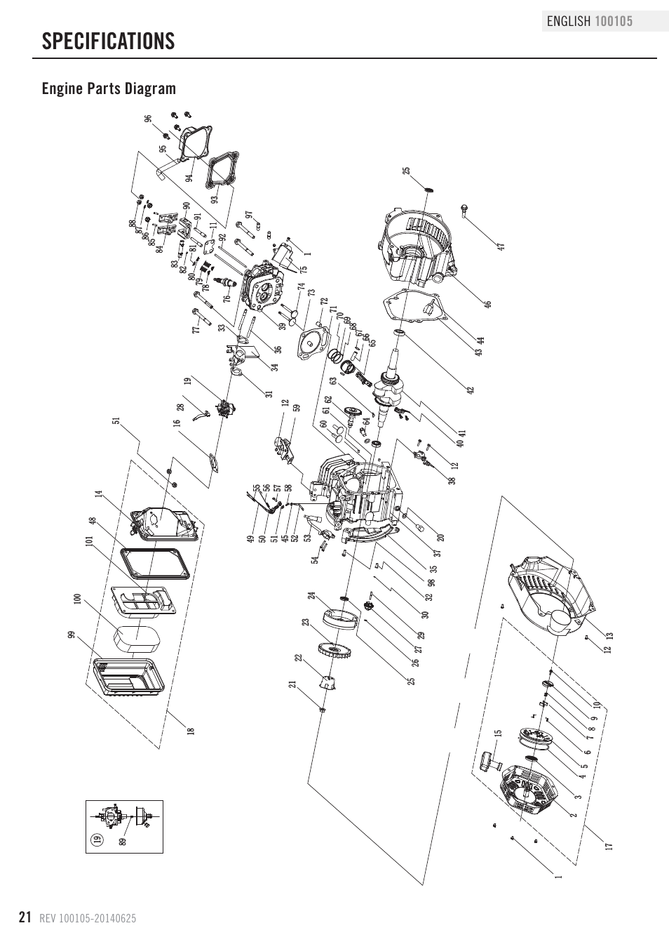 Specifications, Engine parts diagram | Champion Power Equipment 100105 User Manual | Page 24 / 30