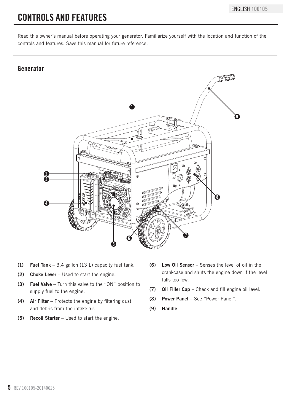 Controls and features, Generator | Champion Power Equipment 100105 User Manual | Page 8 / 30