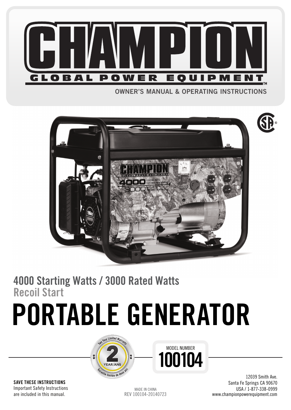 Champion Power Equipment 100104 User Manual | 28 pages