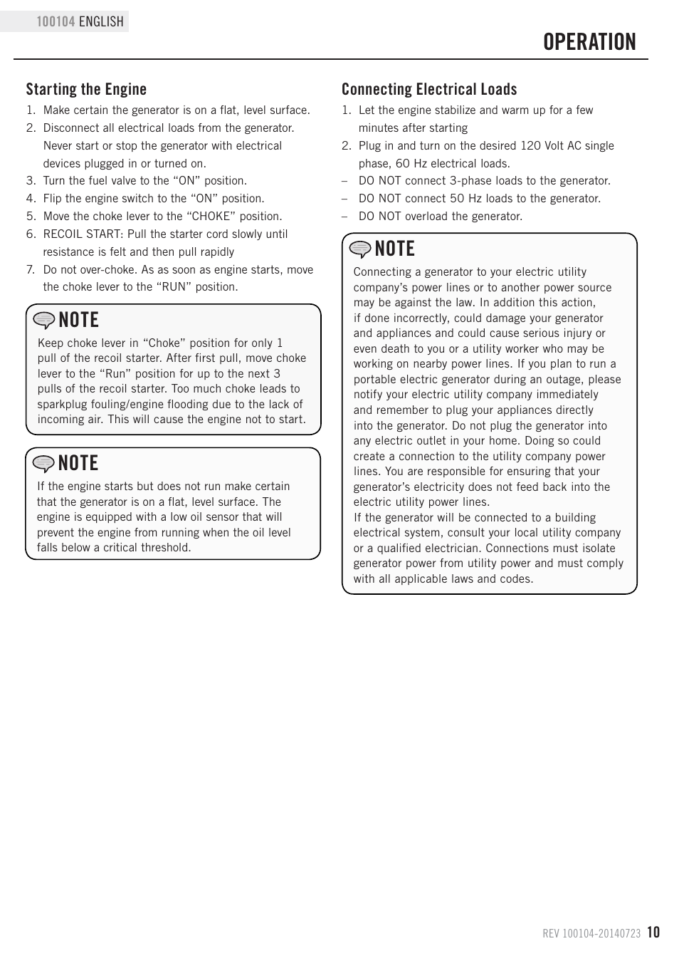 Operation, Connecting electrical loads, Starting the engine | Champion Power Equipment 100104 User Manual | Page 13 / 28