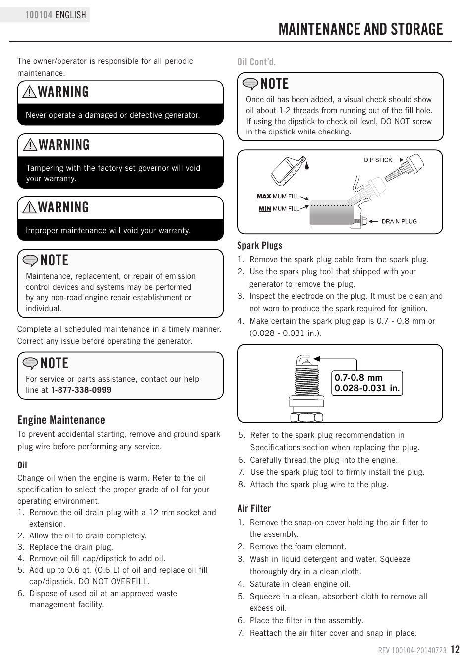 Maintenance and storage, Warning, Engine maintenance | Champion Power Equipment 100104 User Manual | Page 15 / 28