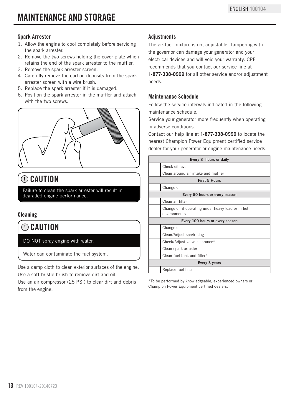 Maintenance and storage, Caution | Champion Power Equipment 100104 User Manual | Page 16 / 28