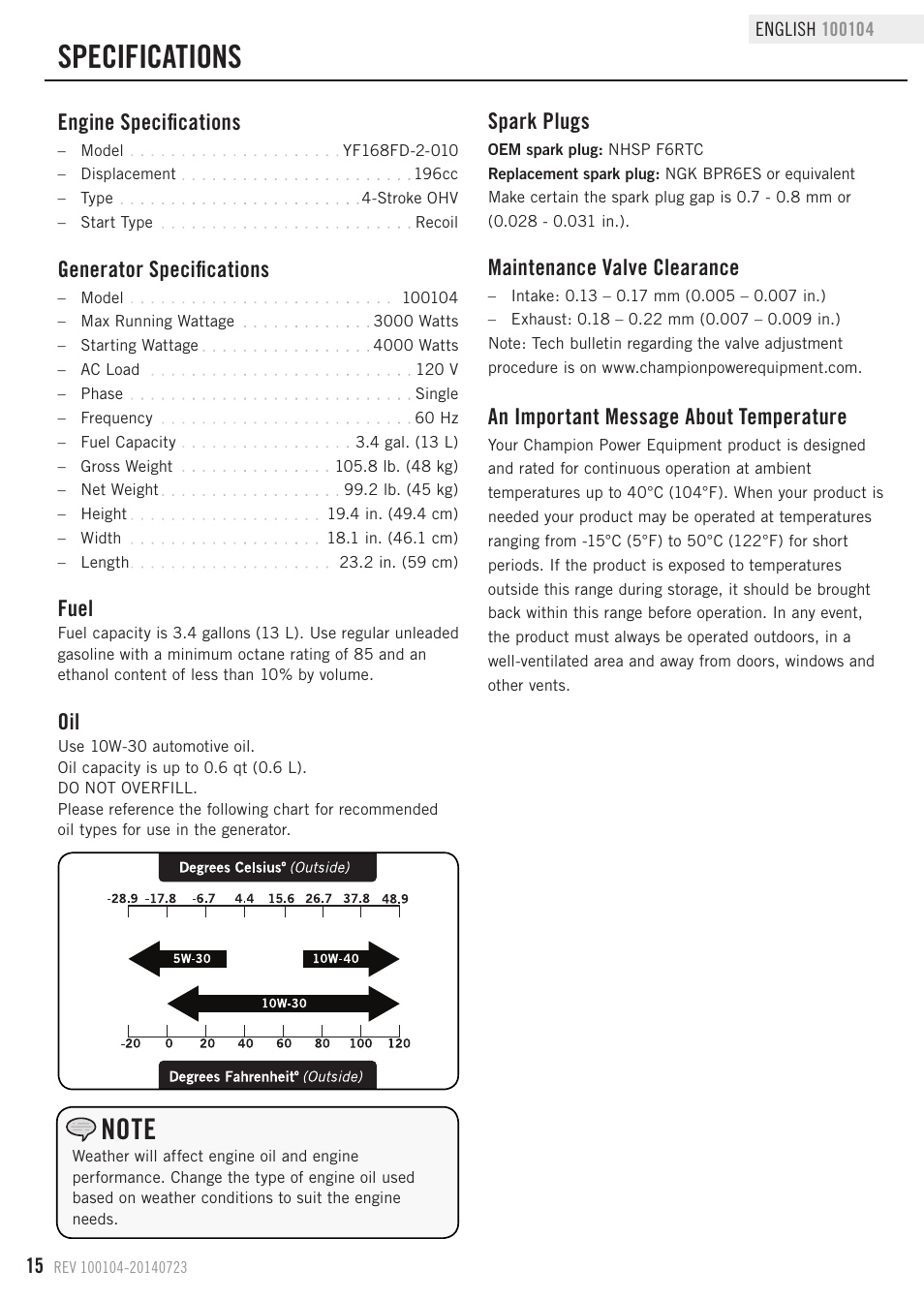 Specifications, Engine specifications, Generator specifications | Maintenance valve clearance, Spark plugs, An important message about temperature, Fuel | Champion Power Equipment 100104 User Manual | Page 18 / 28