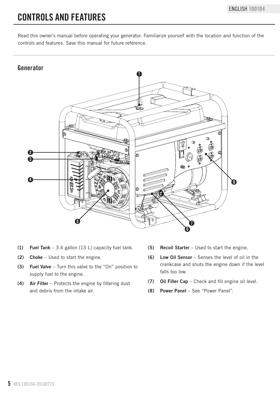 Controls and features, Generator | Champion Power Equipment 100104 User Manual | Page 8 / 28
