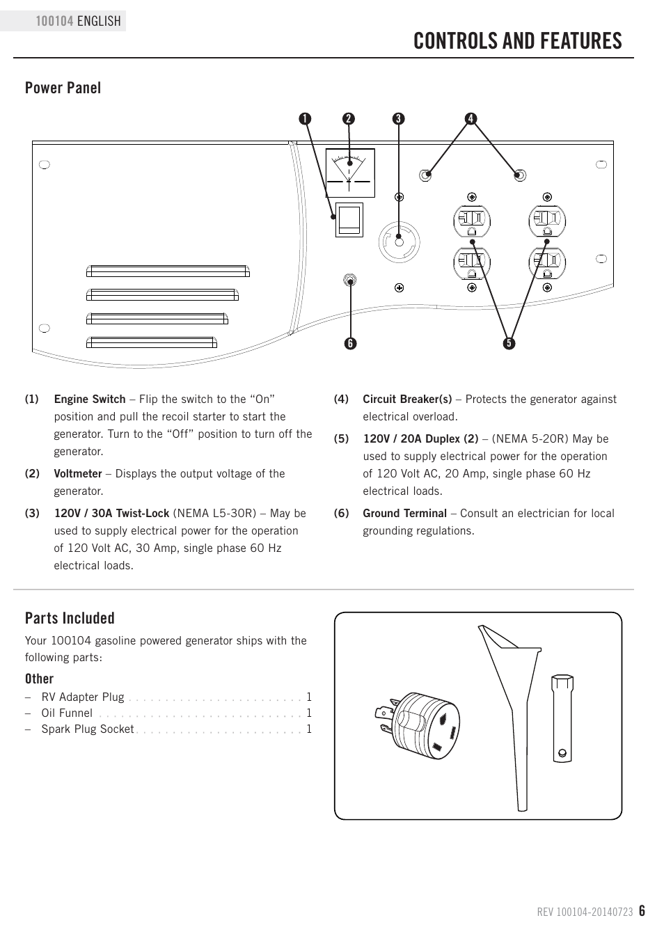 Controls and features, Power panel, Parts included | Champion Power Equipment 100104 User Manual | Page 9 / 28