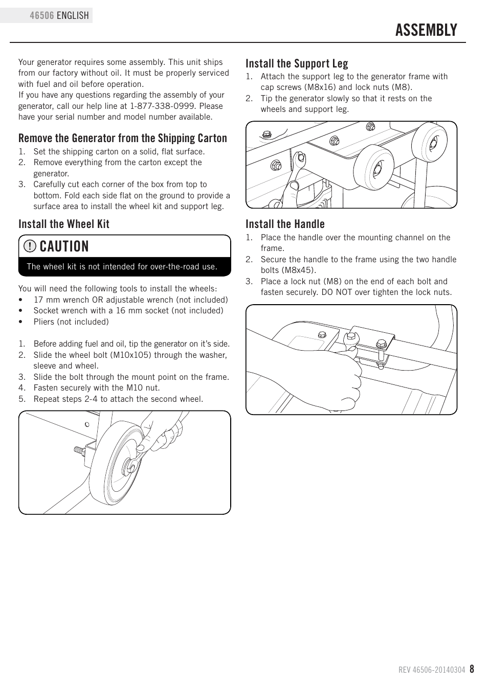 Assembly, Caution, Remove the generator from the shipping carton | Install the wheel kit, Install the support leg, Install the handle | Champion Power Equipment 46506 User Manual | Page 11 / 30