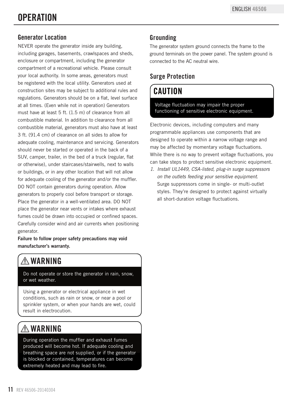 Operation, Caution, Warning | Champion Power Equipment 46506 User Manual | Page 14 / 30