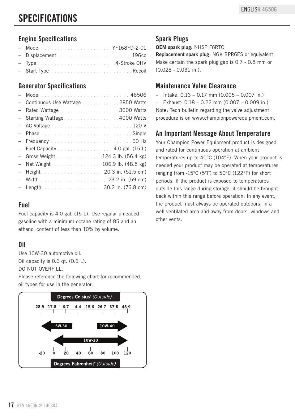 Specifications, Fuel, Generator specifications | Engine specifications, Maintenance valve clearance, Spark plugs, An important message about temperature | Champion Power Equipment 46506 User Manual | Page 20 / 30